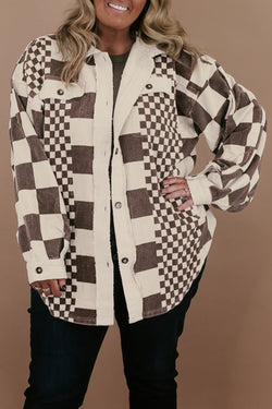 Brown Corduroy Long Jacket with Plaid and Color Block Print, Plus Size