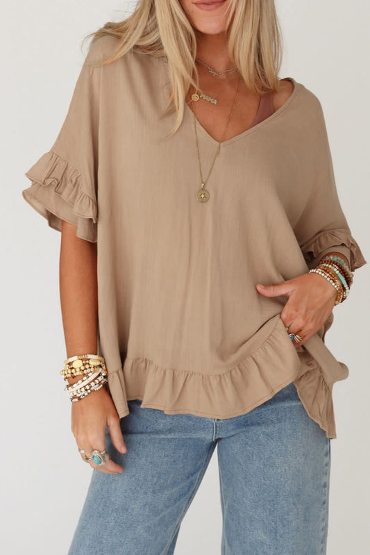 Beige francés ligero Blusa con cuello en V con volantes Volantes