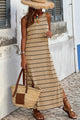 Long -free back dress with open back and khaki striped printed with slits