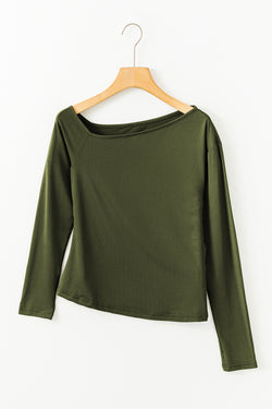 Green long sleeve knit top with asymmetrical neckline