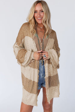 Open cardigan with fringes and lantern sleeves in khaki stripes