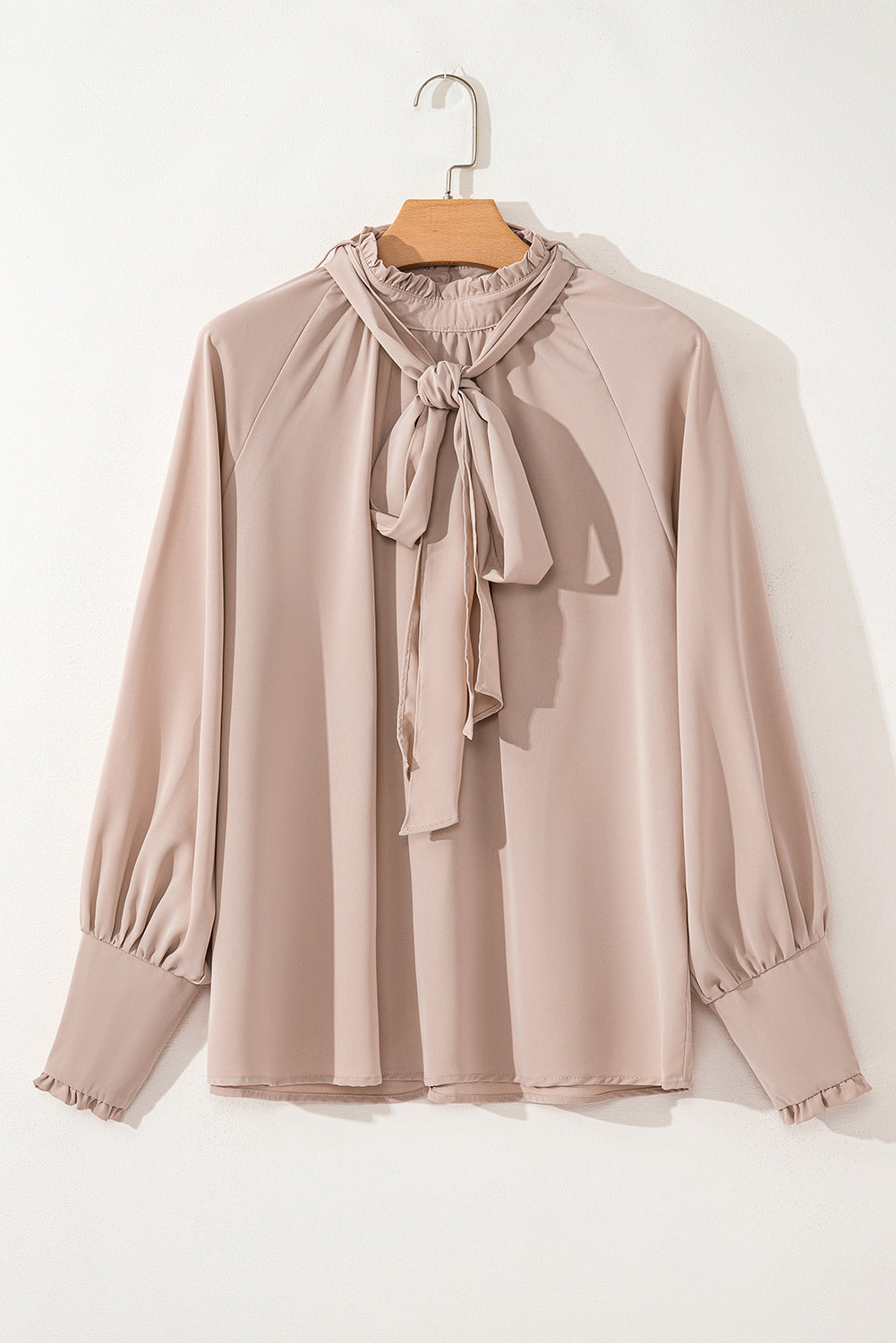 Khaki Frilled Knotted Mock Neck Bishop Sleeve Blouse