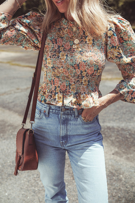 Top short yellow with ruffles and sleeves smoked bubbles with floral print