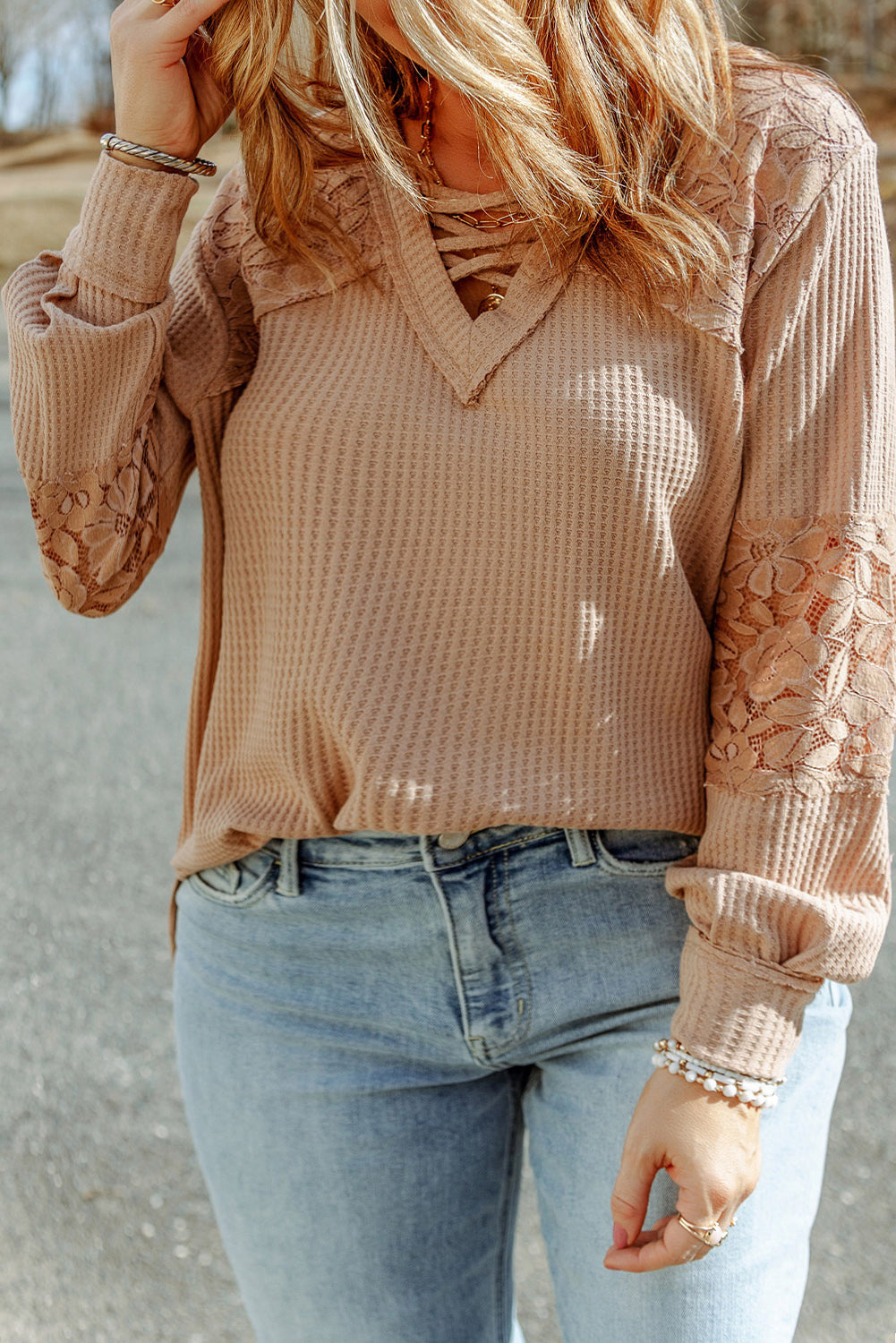 Apricot Plus Size Strappy Neck Lace Waffle Patchwork Top