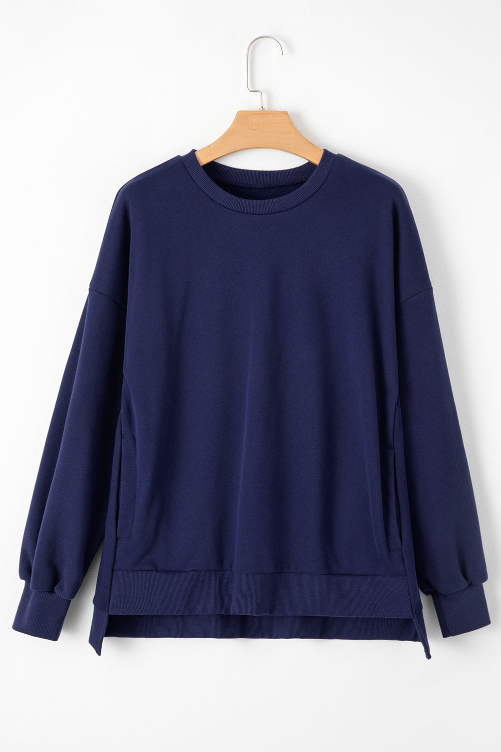 Navy Blue Solid Fleece Lined Drop Shoulder High Low Sweatshirt