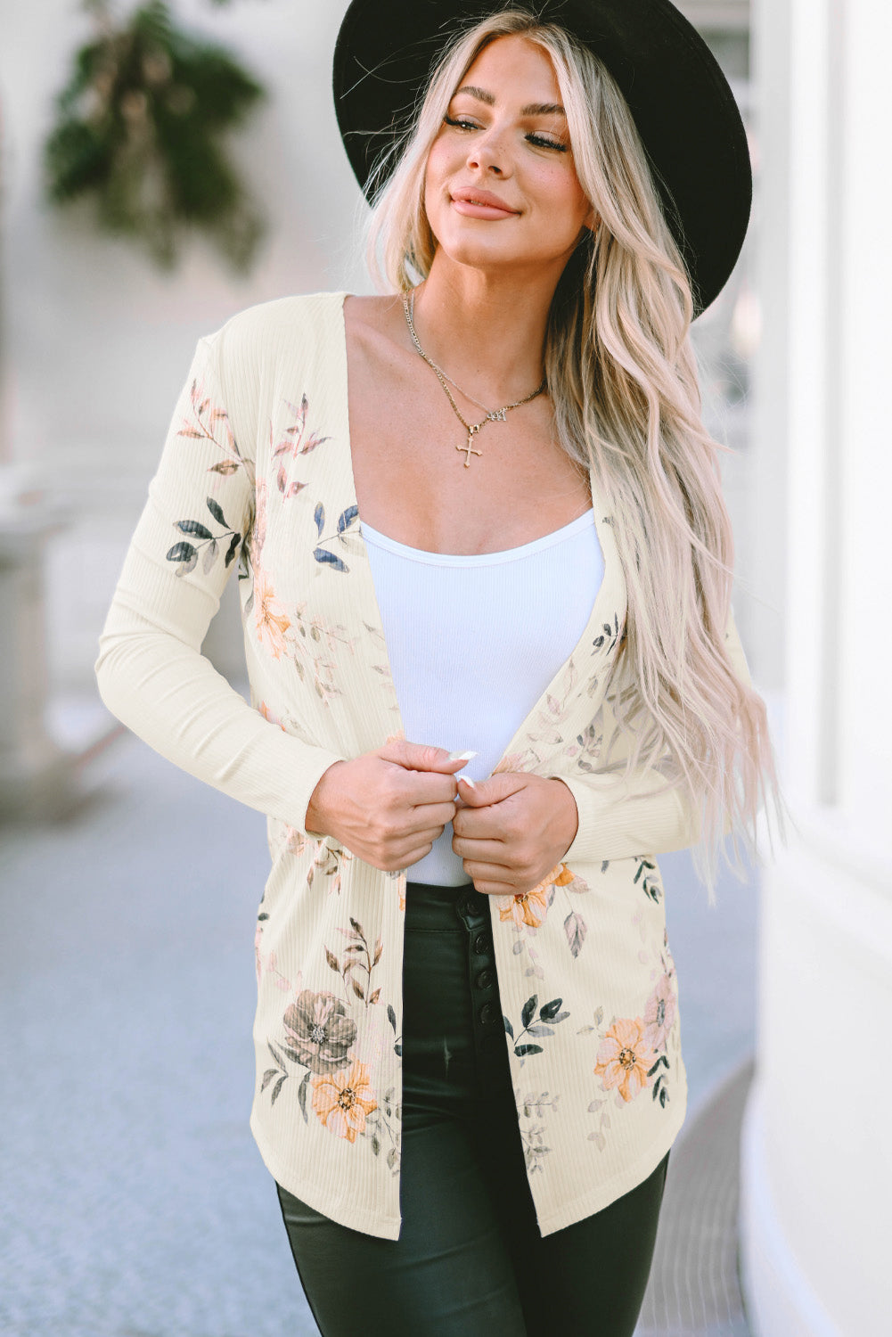 Cardigan coupe slim en tricot côtelé à imprimé floral abricot-A WOMAN WE LOVE