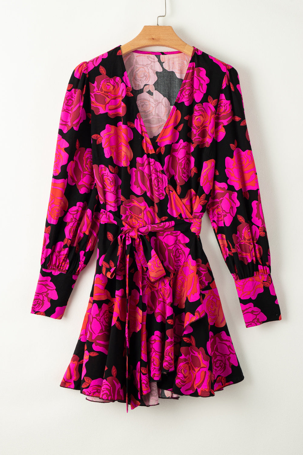 Rose Floral Imprime en V Wrap Bishop Sleeve Ruffle Mini Robe