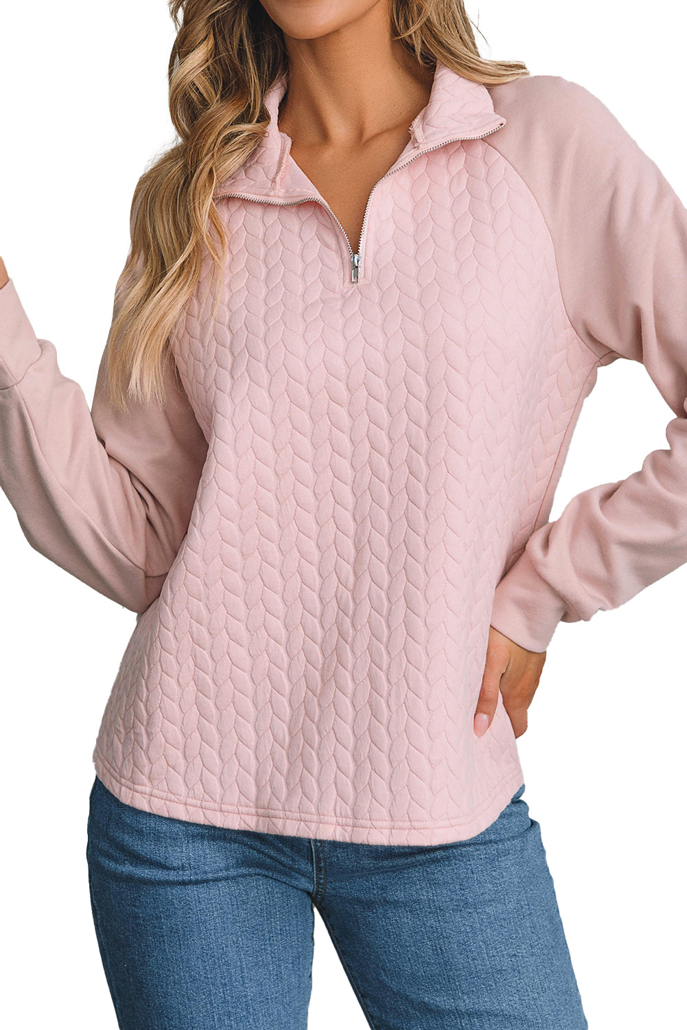 Pale Chestnut Textured Quarter Zip Raglan Sleeve Sweatshirt