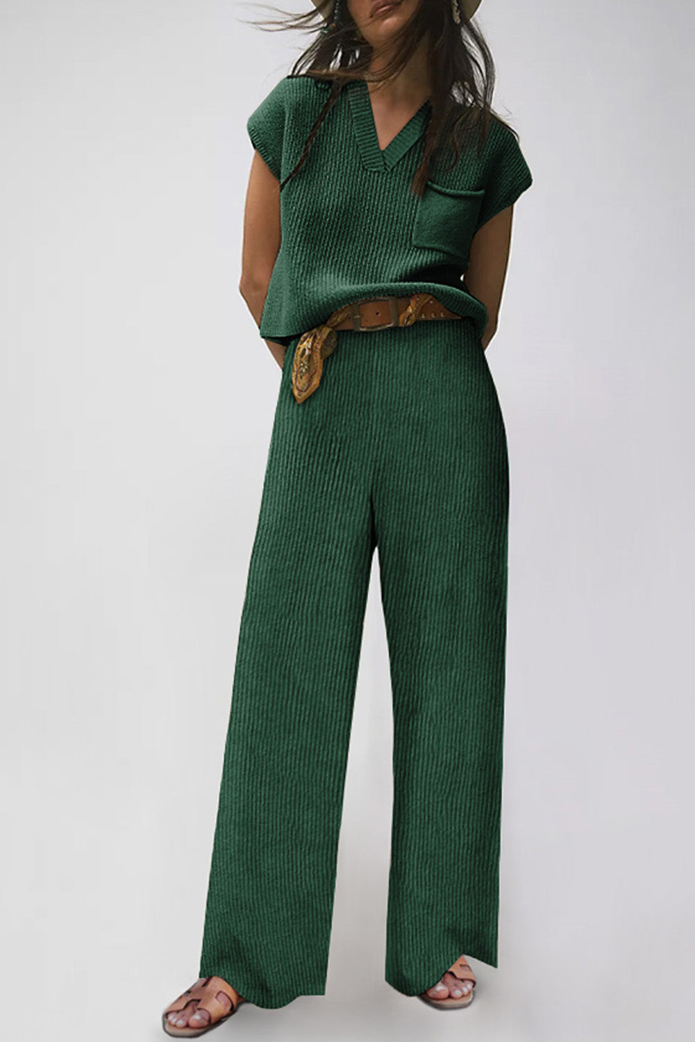 Green knitted v-neck sweater and casual pants set