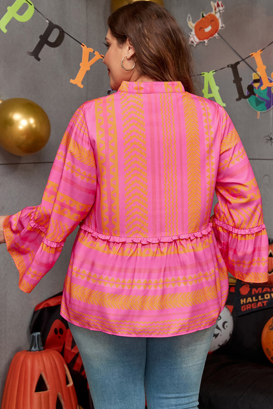 Vitality Orange - Plus Size Geometric Print Bell Sleeve Babydoll Blouse