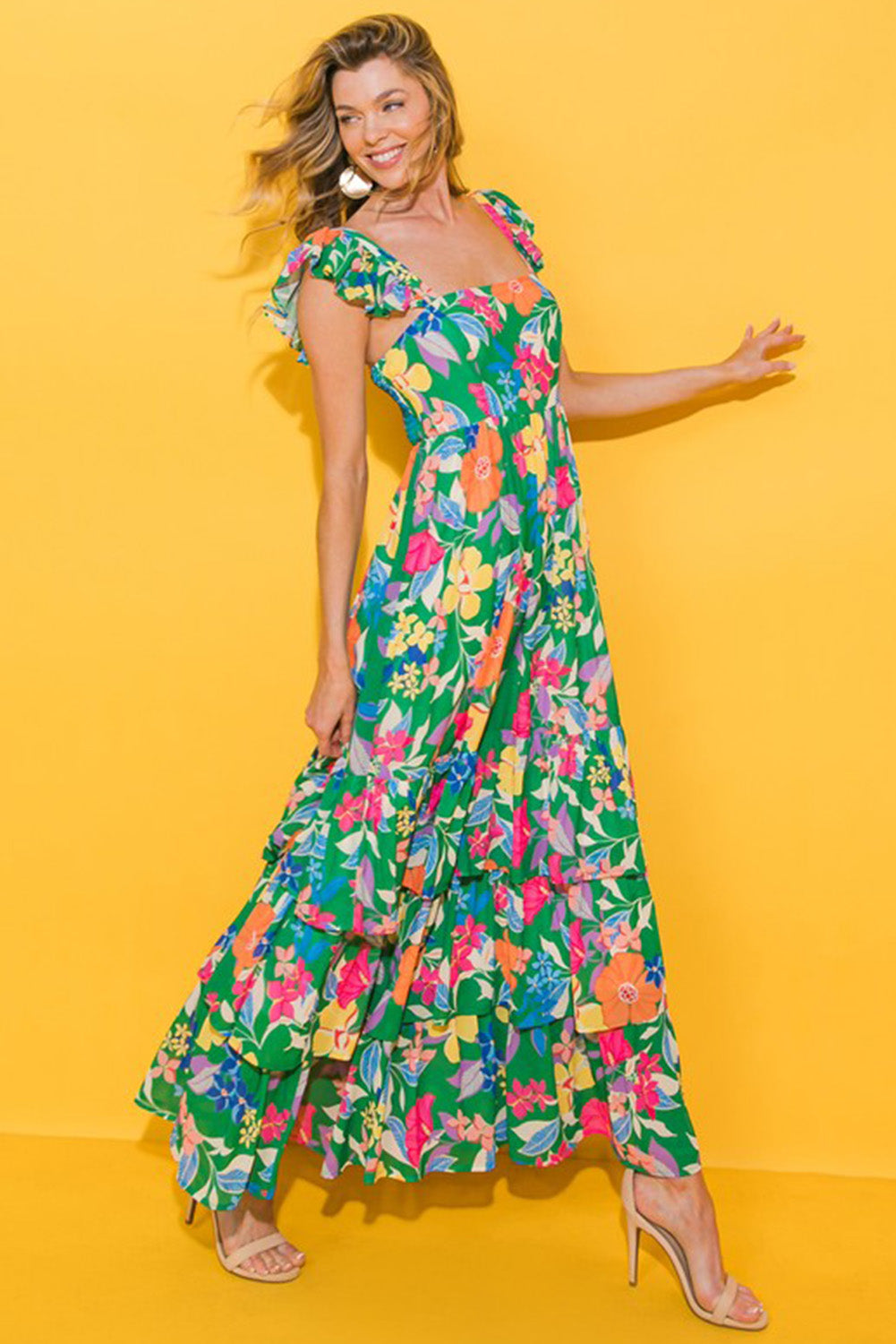 Green Floral Print Sleeveless Ruffled Maxi Dress