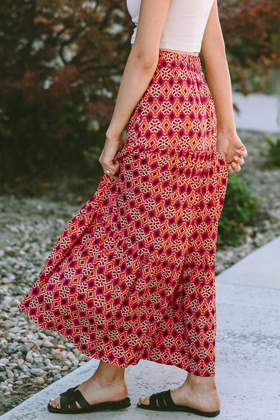 Long skirt with several levels with floral print bohemian vintage pink