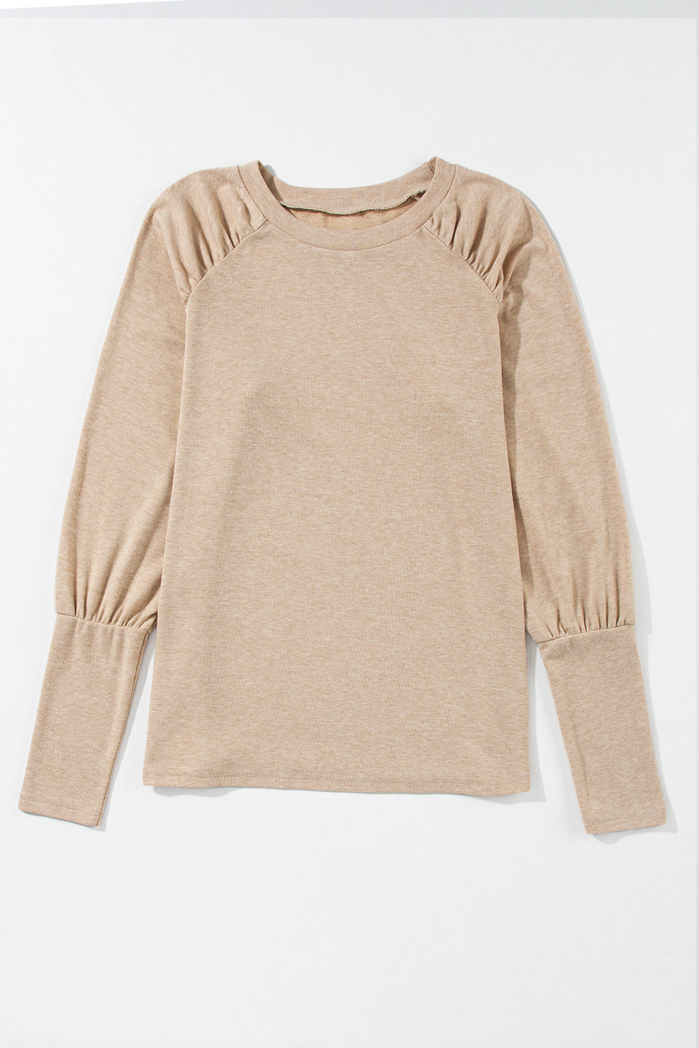 Pale Khaki Solid Ruched Raglan Sleeve Knit Top