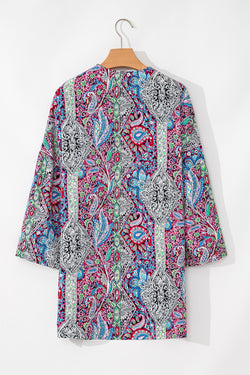 Red open front kimono with paisley print