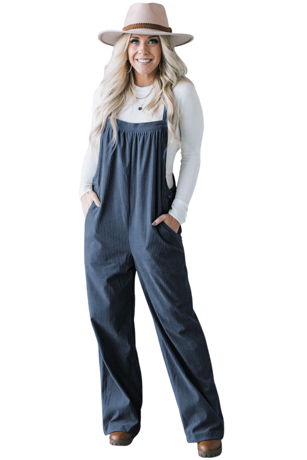 Real Teal Solid Pocketed Loose Fit Corduroy Overall