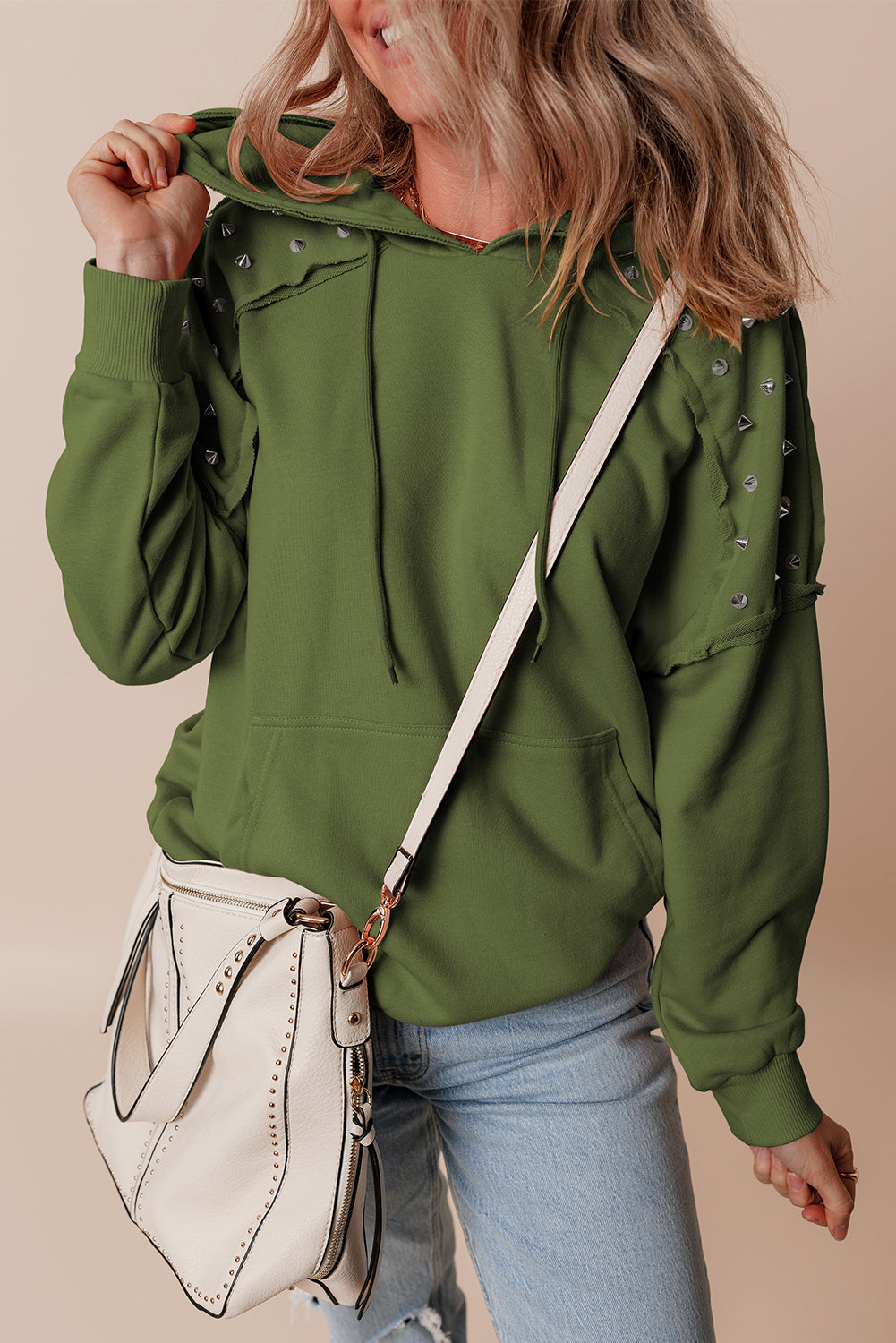 Sweat à capuche à manches raglan et rivets de couleur unie vert vignoble avec poche