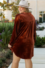 Robe en velours à col en V et dos plissé, grande taille, café, ourlet arrondi