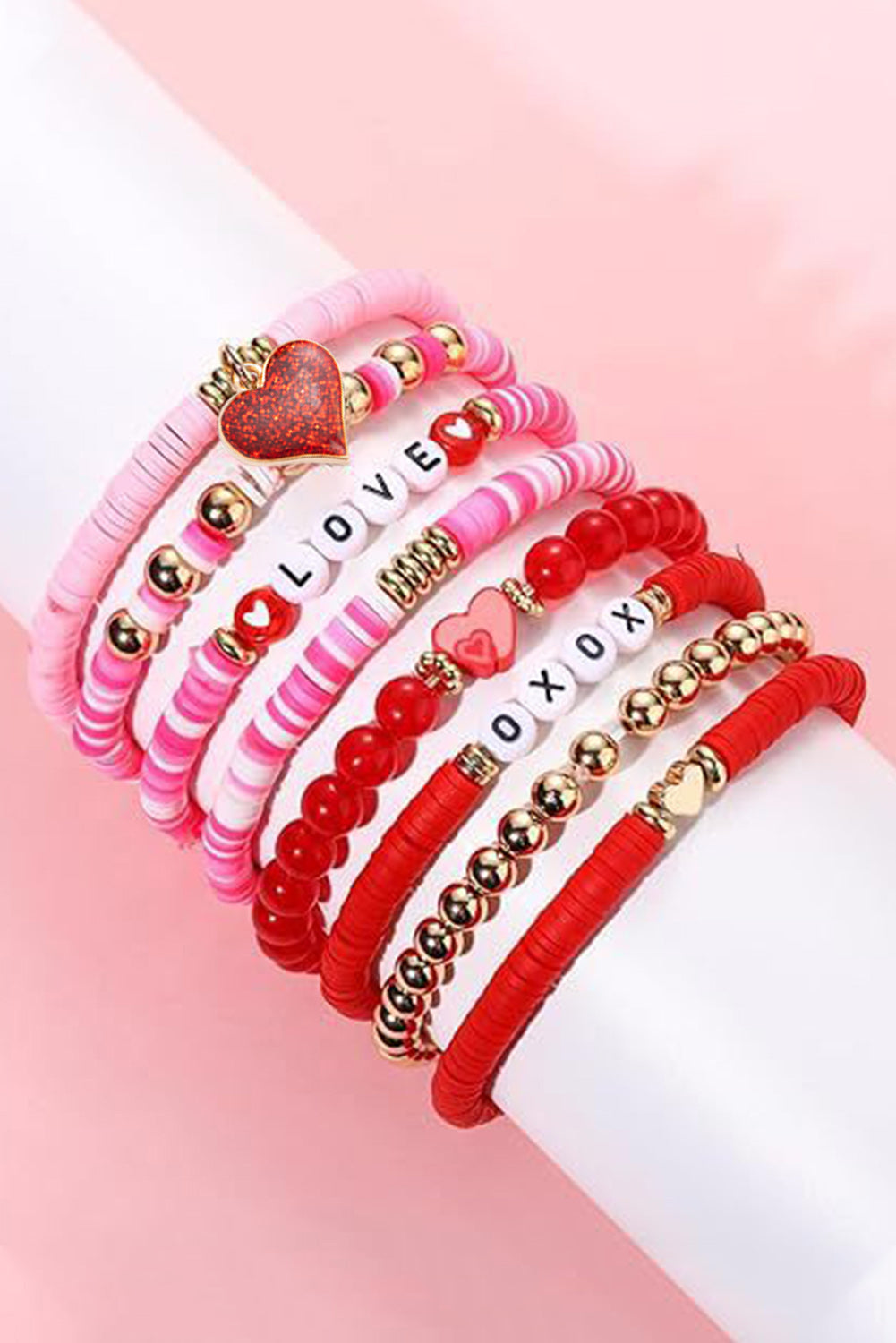 Ensemble de bracelets perlés en forme de coeur rose Valentines LOVE XOXO