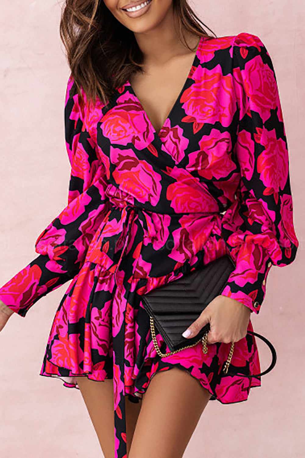 Rose Floral Imprime en V Wrap Bishop Sleeve Ruffle Mini Robe