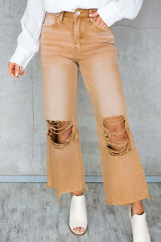 Brown Distressed Hohl-out hohe Taillengeschnittene Flare-Jeans