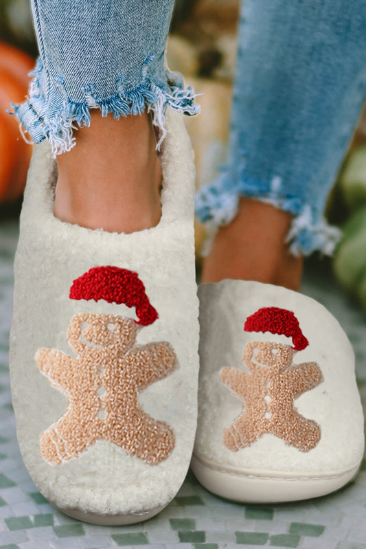 Blanc Christmas Gingerbread Man Slipers de maison en peluche