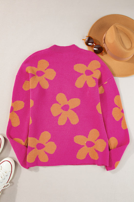 Long sleeve, high neck sweater with large pink flower pattern