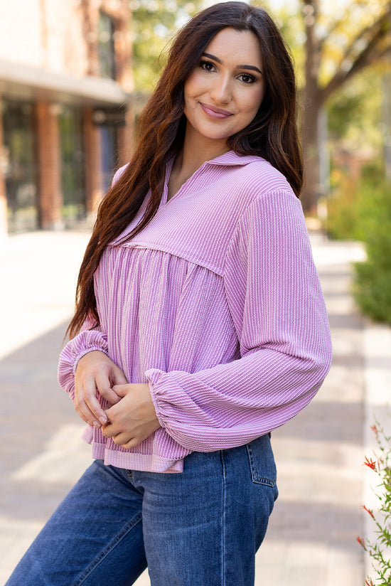 Babydoll blouse in V -neck and Phalaenopsis bubbles sleeves