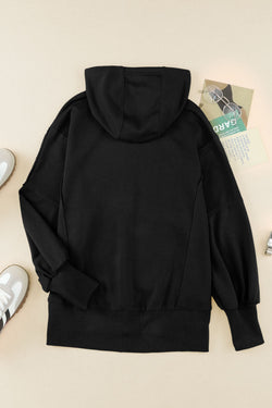 Black hooded sweatshirt with zipper and apparent seams