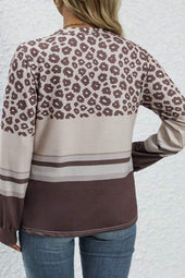 Cafe - Plus Size Leopard Striped Long Sleeve Crew Neck Top