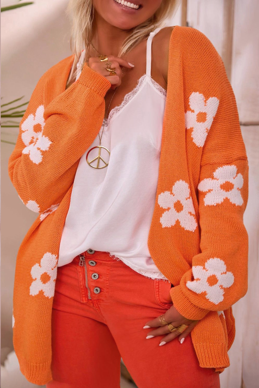 Cardigan à Epaules Tombantes à Motif de Fleurs Orange Grande Taille