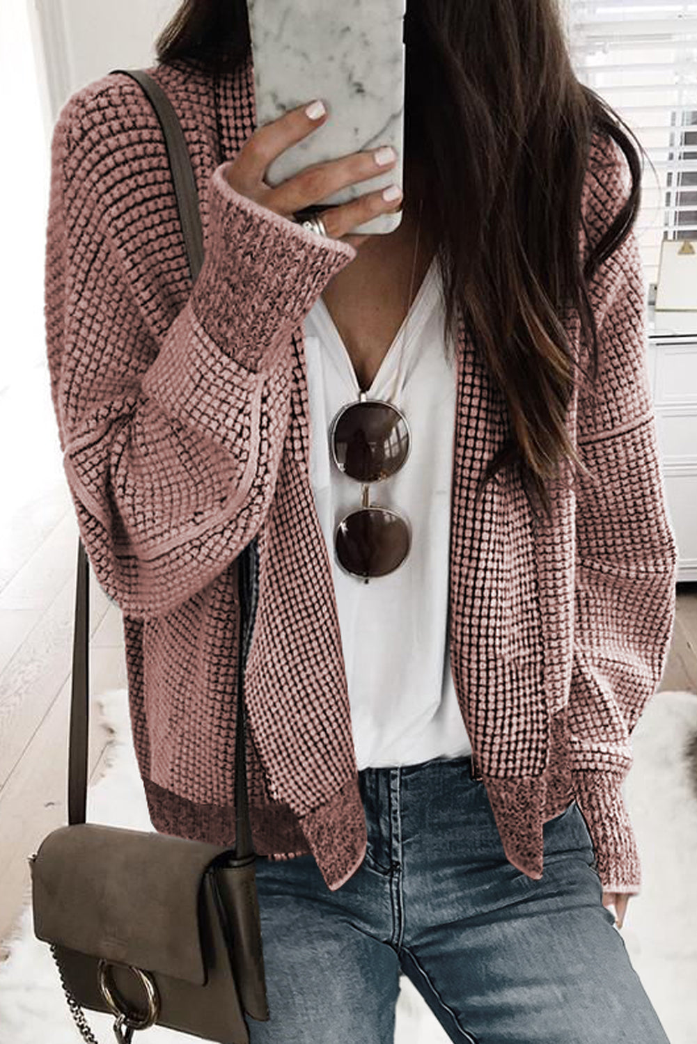 Cardigan ouvert sur le devant avec bordure contrastée à carreaux et fleurs de pêcher