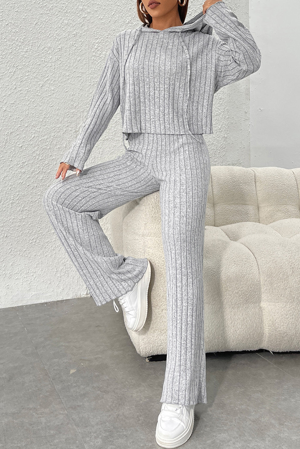 Grey Ribbed Knit Hooded Wide Leg Pant Set