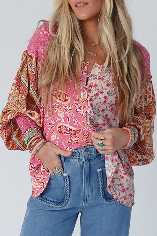 Pink Mixed Floral Printed Puff Sleeve V-Neck Shirt