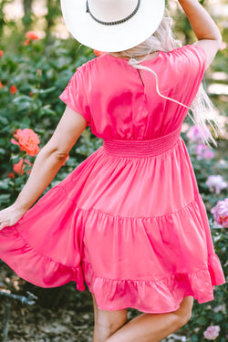 Strawberry pink dress with ruffles and gathered sleeves, V-neck, smocked waist