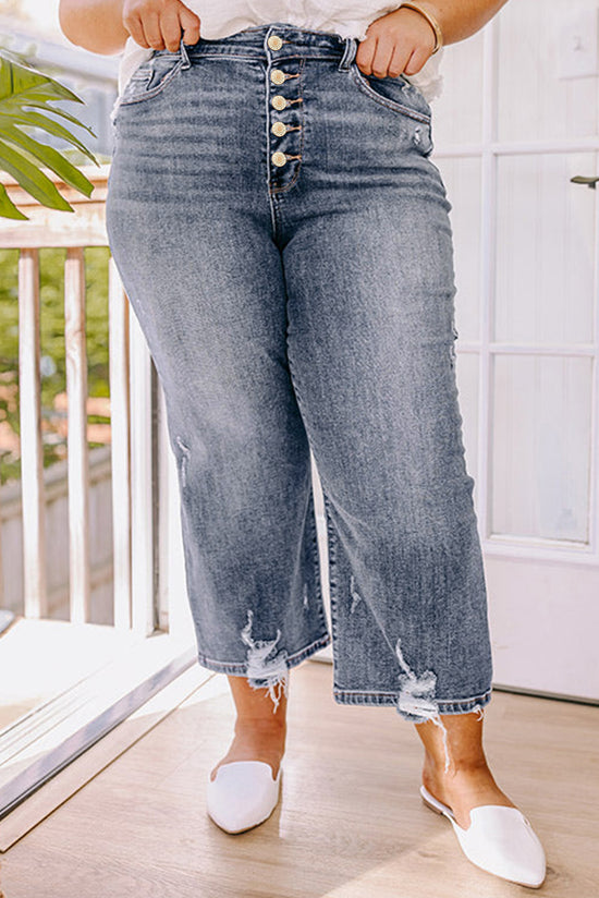 Jean taille haute déchiré à jambe droite et braguette boutonnée gris moyen de grande taille