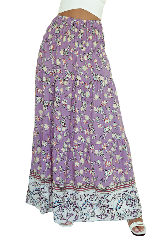 Long -sized long -waisted skirt with purple floral print