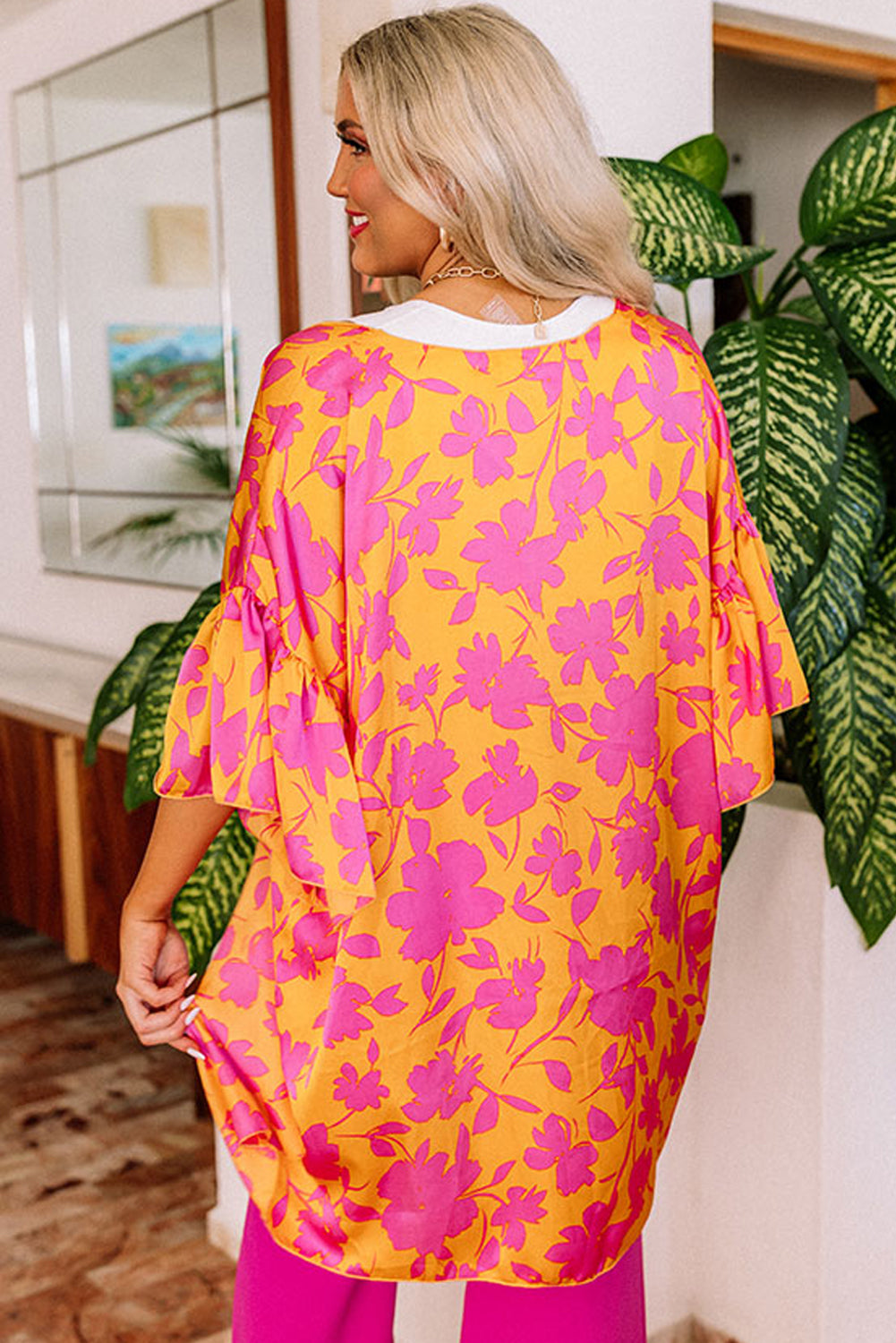 Kimono floral orange femme