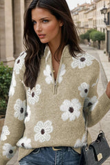 Khaki sweater with floral motif and half-zip *