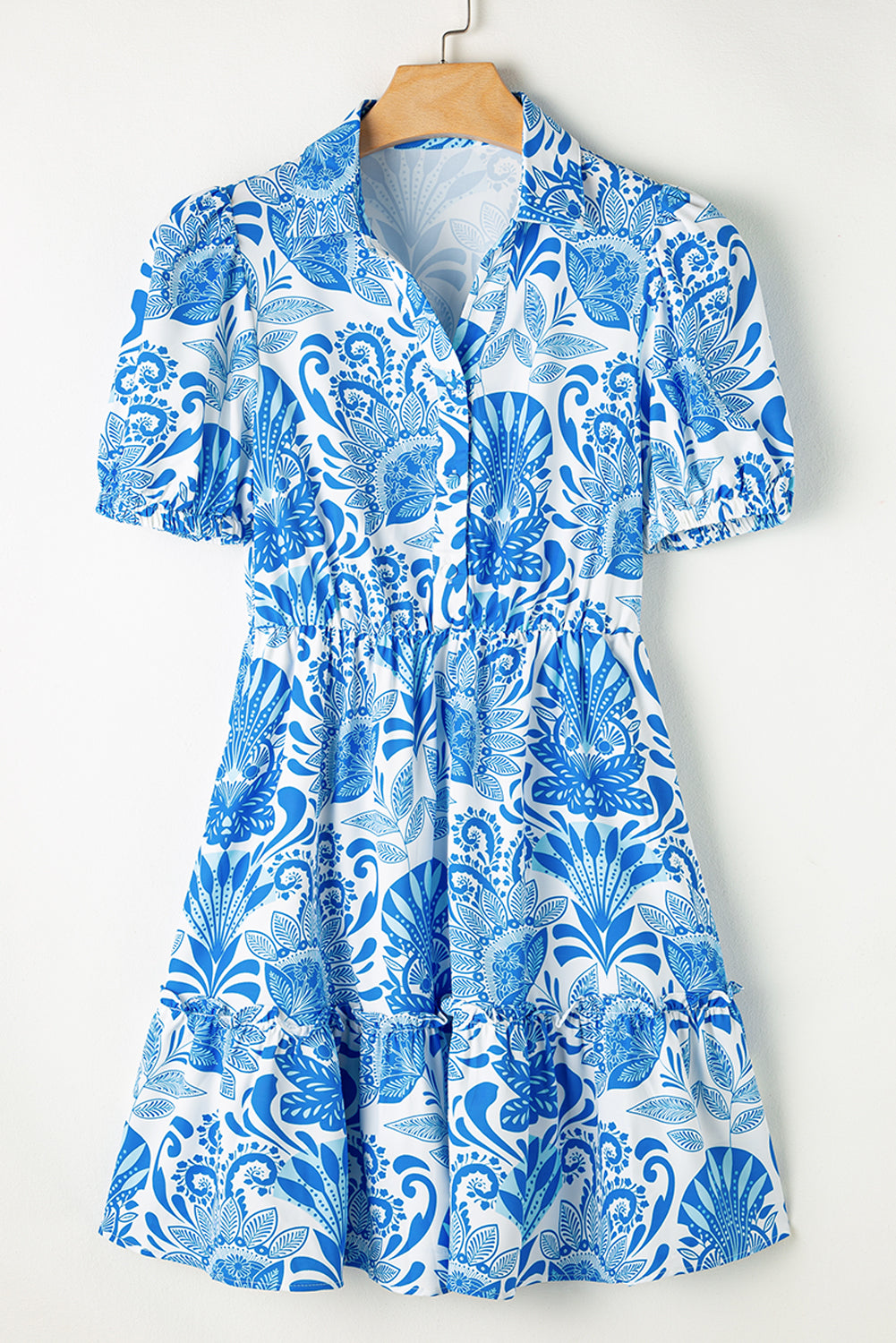 Sky Blue Retro Floral Print Drawstring Waist Ruffle Mini Dress