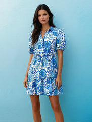 Sky Blue Retro Floral Print Drawstring Waist Ruffle Mini Dress