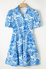 Sky Blue Retro Floral Print Drawstring Waist Ruffle Mini Dress