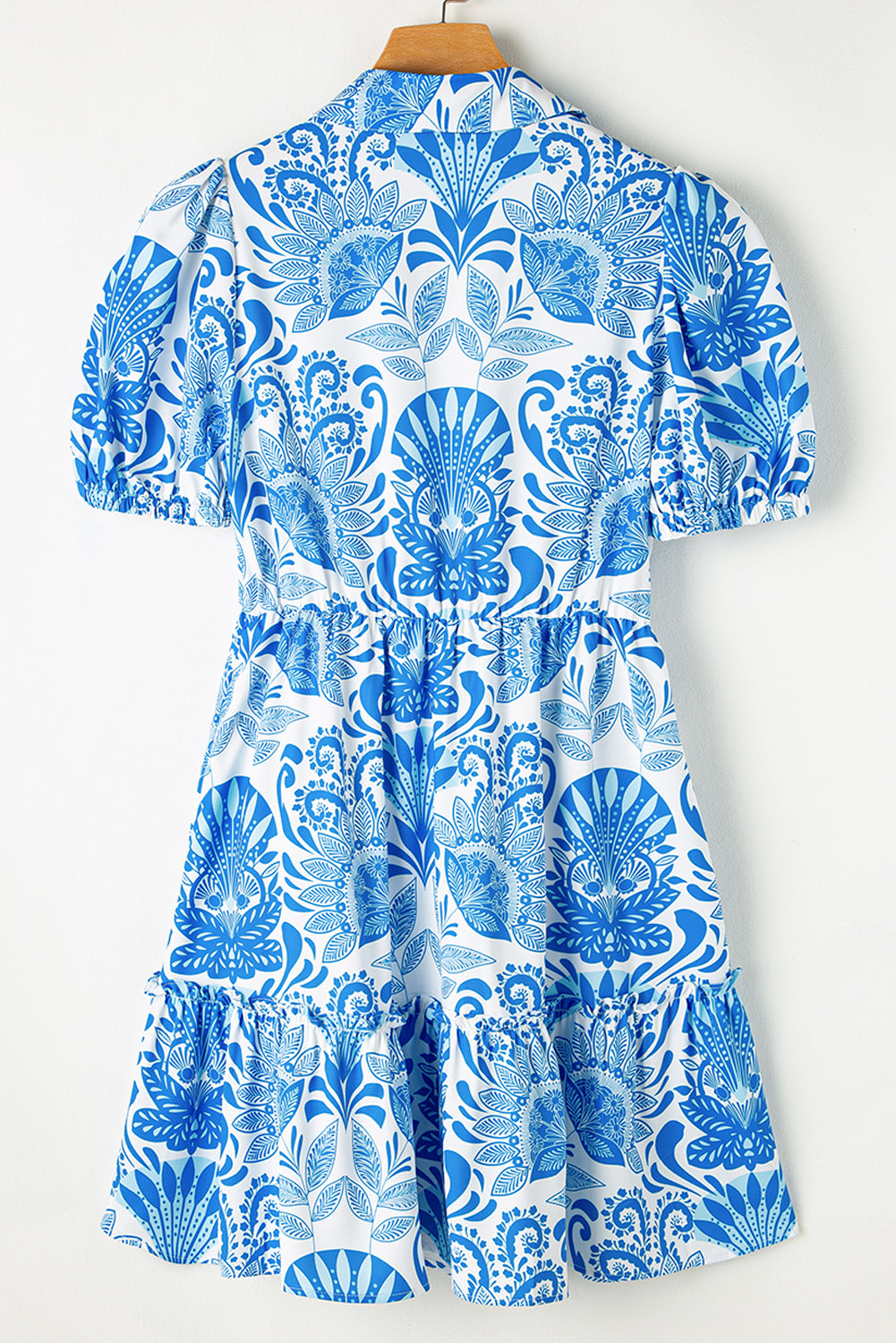 Sky Blue Retro Floral Print Drawstring Waist Ruffle Mini Dress