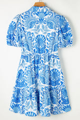 Sky Blue Retro Floral Print Drawstring Waist Ruffle Mini Dress