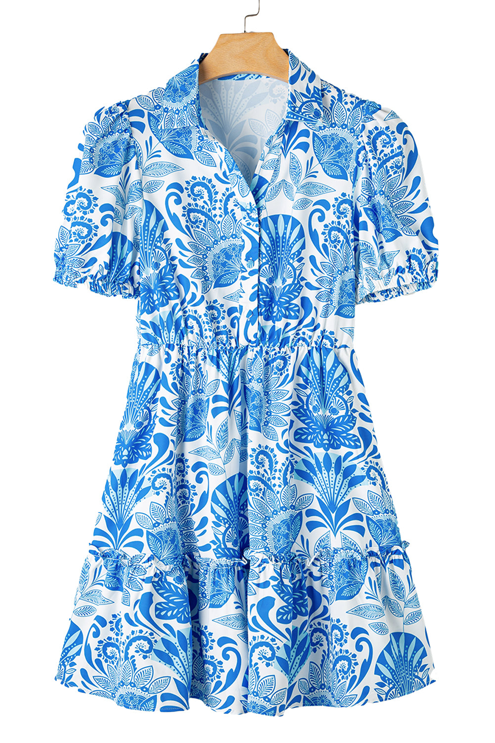 Sky Blue Retro Floral Print Drawstring Waist Ruffle Mini Dress