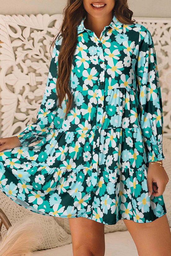 Robe chemise verte à fleurs et manches longues *