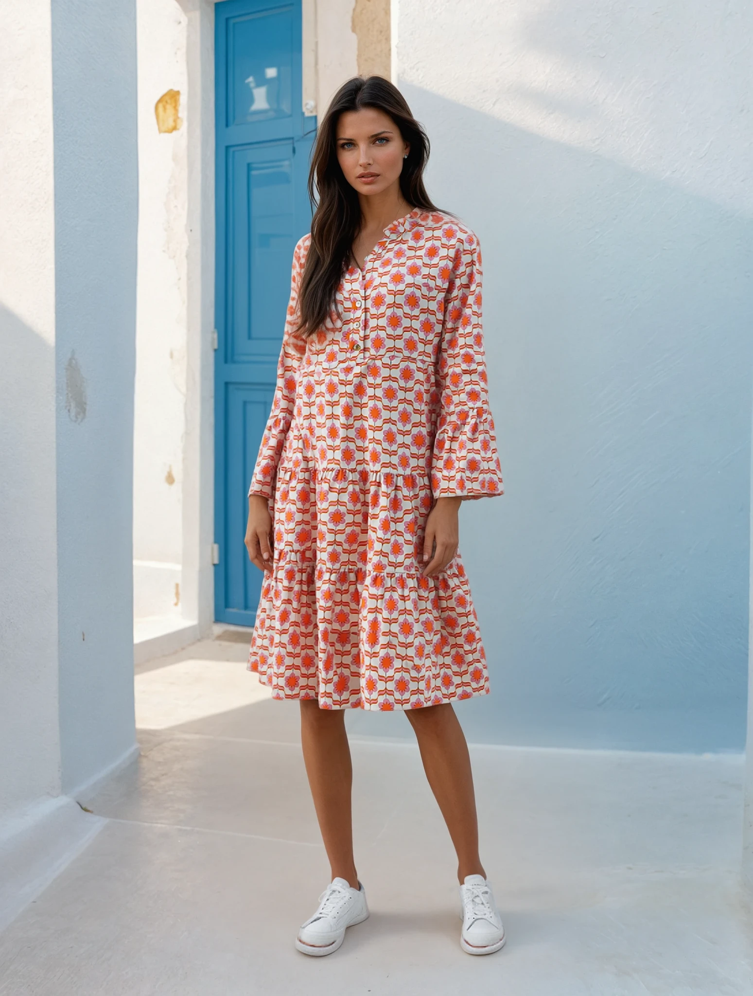Orange floral print mini dress with ruffle sleeves and button front