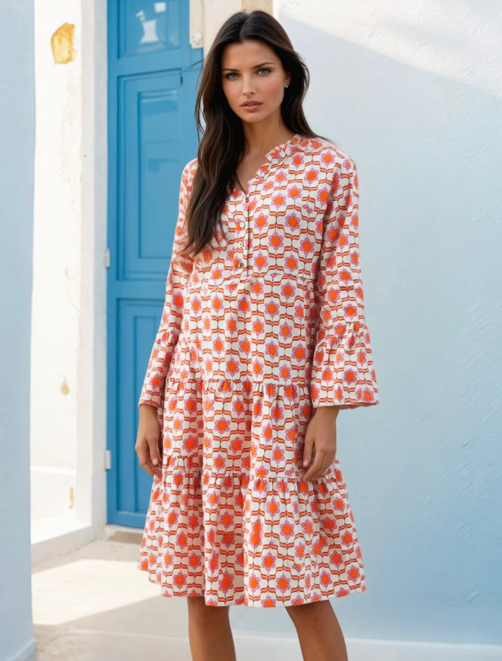 Orange floral print mini dress with ruffle sleeves and button front