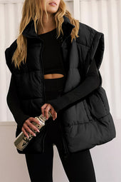 Black Oversized Quilted Vest with Stand Collar and Solid Zipper