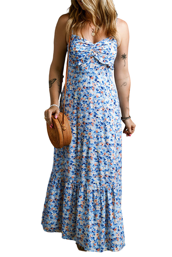 Robe longue froncée à volants et imprimé floral bleu ciel