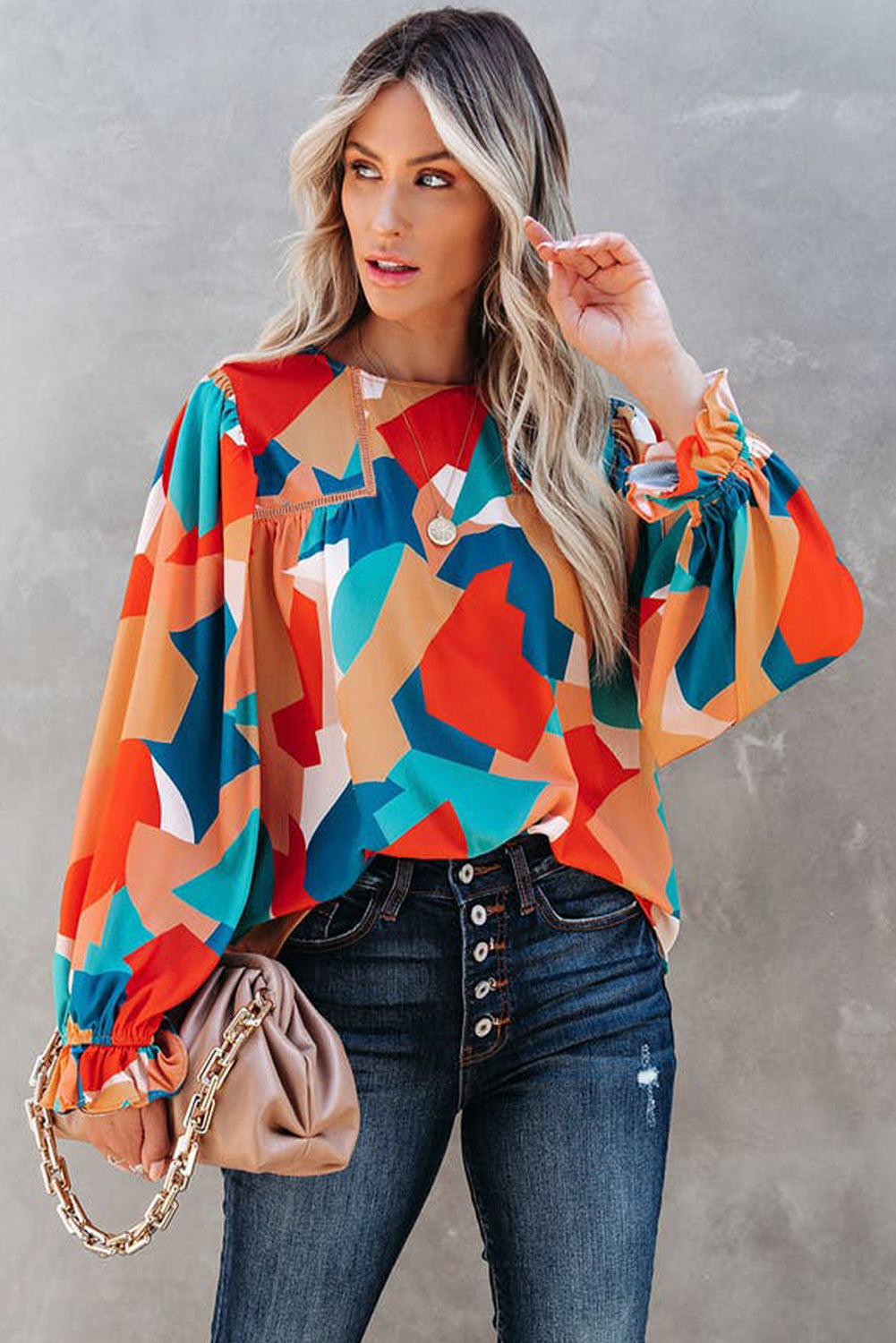 Multicolore Abstract Pattern Crewnack Clewle Sholeve Blouse